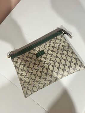 GG Monogram Zip Pouch in Beige with Green Trim
